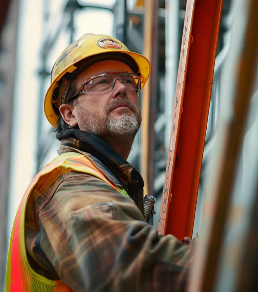 Construction worker in safety gear inspects equipment at a job site.