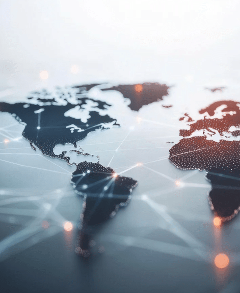 Digital world map with glowing network connections.