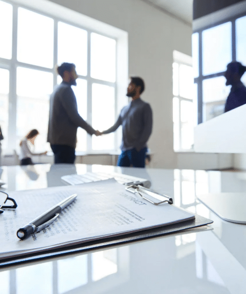 Close-up of a contract and pen on a desk with two people shaking hands in the background.