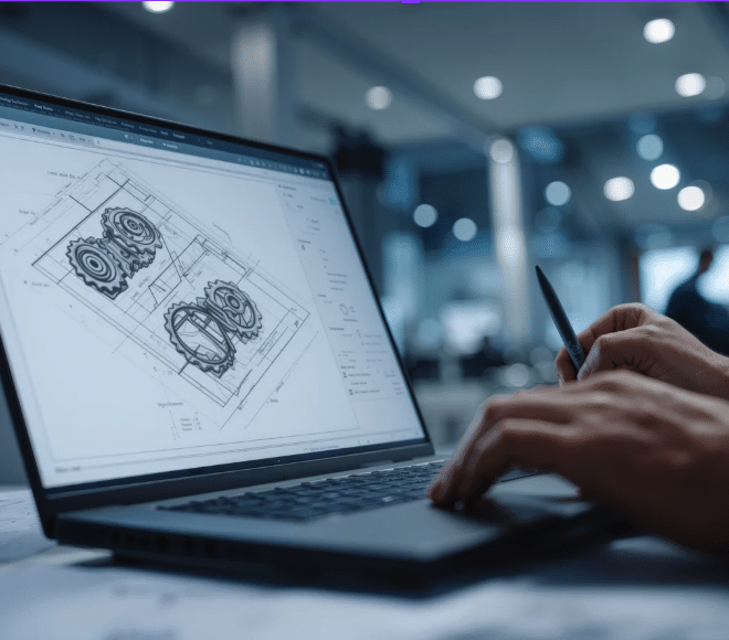 Person working on a technical drawing of gears on a laptop in an office setting.