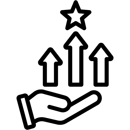 A hand beneath three upward arrows pointing to a star, symbolizing growth and success.