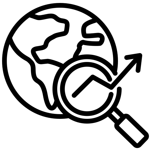 Icon of Earth with magnifying glass and upward arrow.