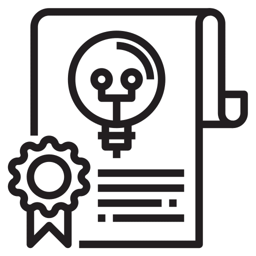 Patent certificate icon with light bulb and ribbon illustration.