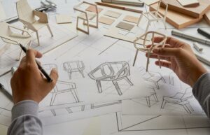 Designer sketching chair models with prototypes and materials on a desk.