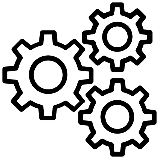 Black outline of three interlocking cogs on a white background.