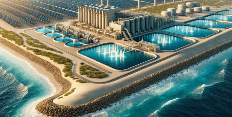 Aerial view of a modern desalination plant with solar panels, large tanks, and surrounding ocean.