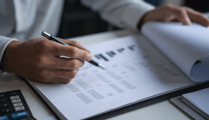 Person reviewing financial documents with a pen in hand.