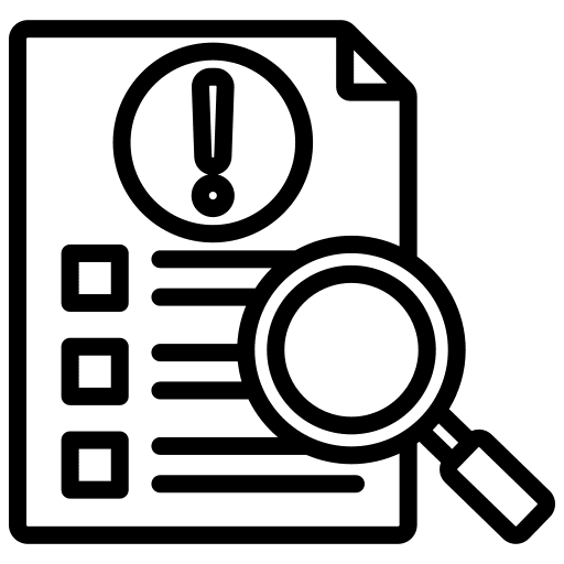 Icon of a checklist with an exclamation mark and magnifying glass.