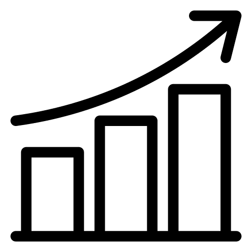 Bar chart with three ascending bars and an upward arrow indicating growth.