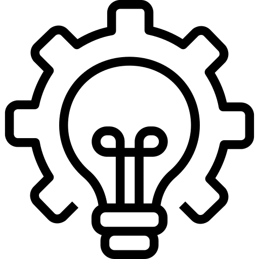 Icon of a lightbulb inside a cogwheel, symbolizing innovation and ideas.