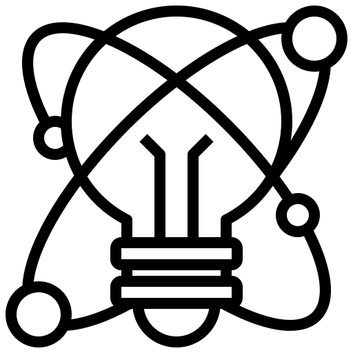 Light bulb with orbiting atomic structure lines, symbolizing creativity and innovation.