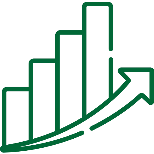 Icon of an ascending bar chart with a curved upward arrow.