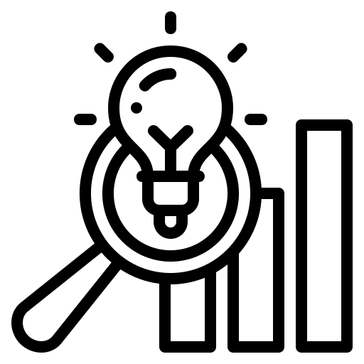 Magnifying glass over light bulb and bar chart icon, symbolizing insight and discovery.
