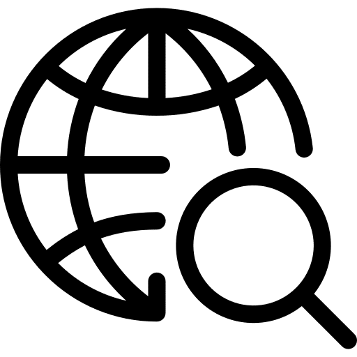 Globe with magnifying glass icon representing internet search.