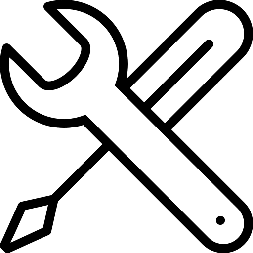 Wrench and screwdriver crossed icon in black and white outline.