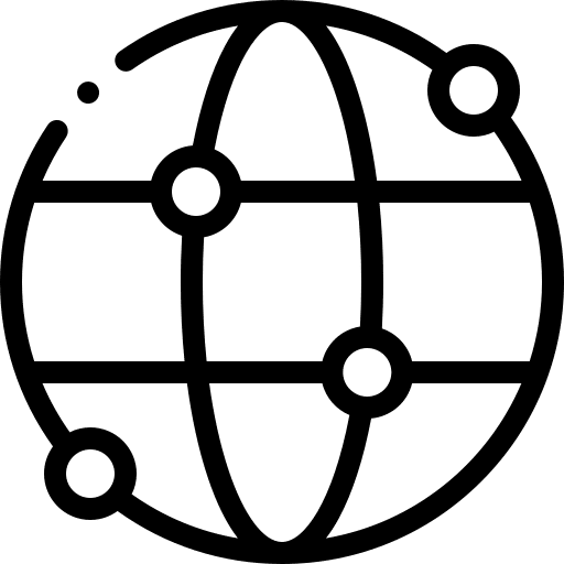 Simple globe icon with connecting lines and nodes symbolizing global connectivity.
